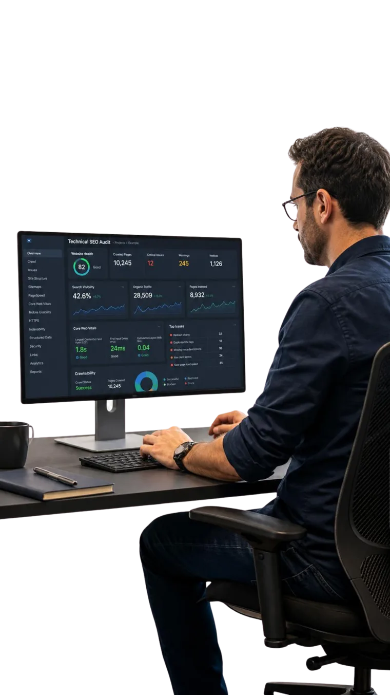 Professional reviewing a technical SEO audit dashboard on a laptop