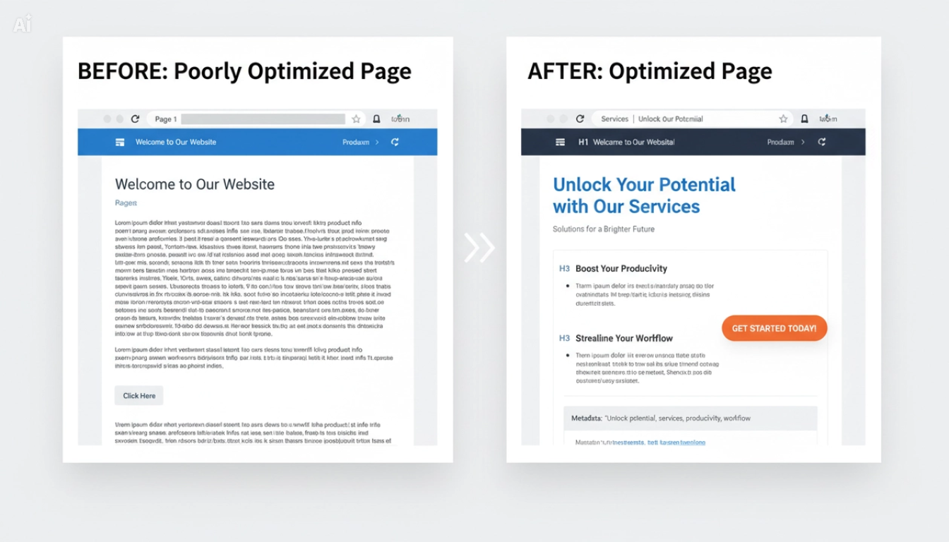 Before and after example of on page SEO services optimization