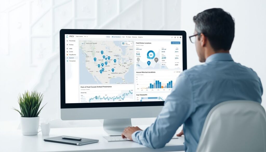 How do I compare local SEO services for franchise locations? A franchise marketing leader looking at a screen with maps and performance charts for multiple locations
