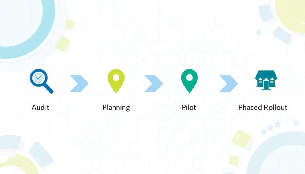 How do I compare local SEO services for franchise locations? A step by step flow diagram showing audit planning pilot and phased rollout for multiple locations